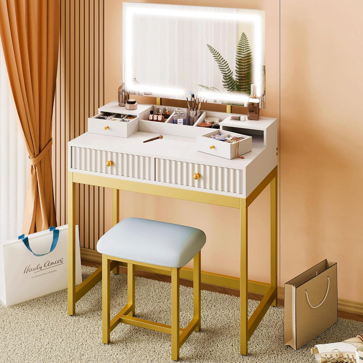 Coiffeuse, 17, 5 × 7, 5 cm, éclairage LED, pour Chambre à Coucher, Mondeer, 2 Tiroirs, 3 Étagères, réglable, Style Moderne