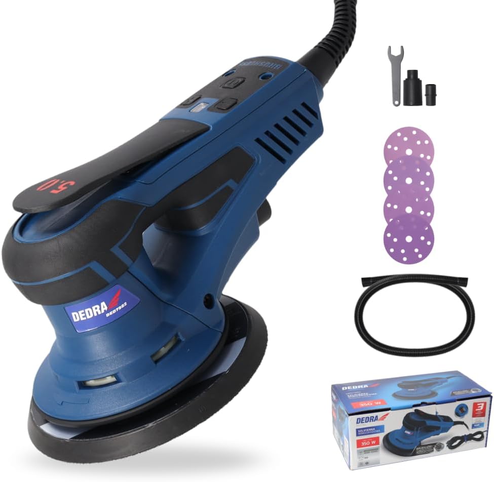 Ponceuse excentrique, vitesse de rotation réglable 4000–10000 tr/min, Dedra, 350 W, 150 mm, 5 MM, 10 000 TR/MIN, Ø 150 mm, Sans brosse