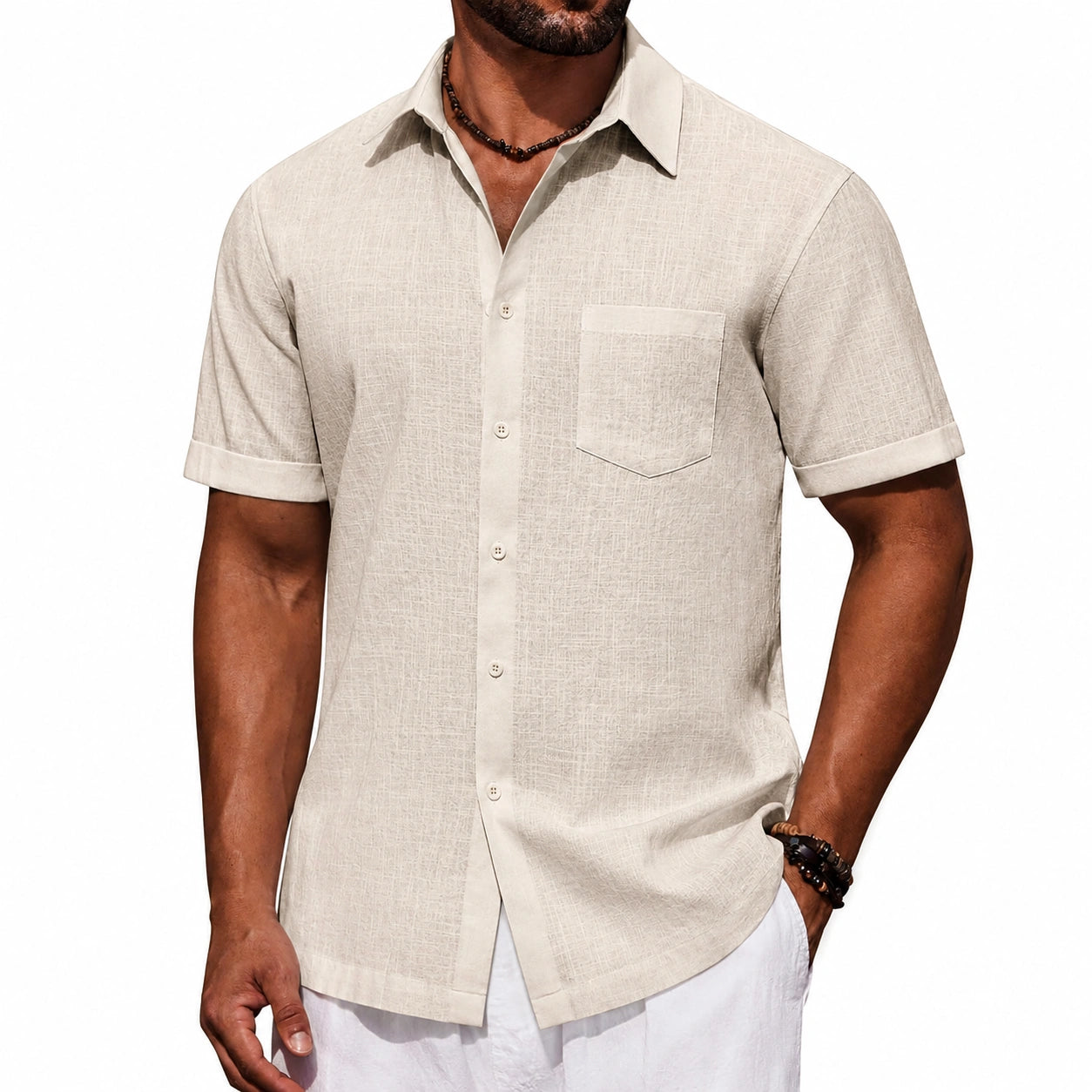 Chemise homme L beige tissu effet lin manches courtes style décontracté