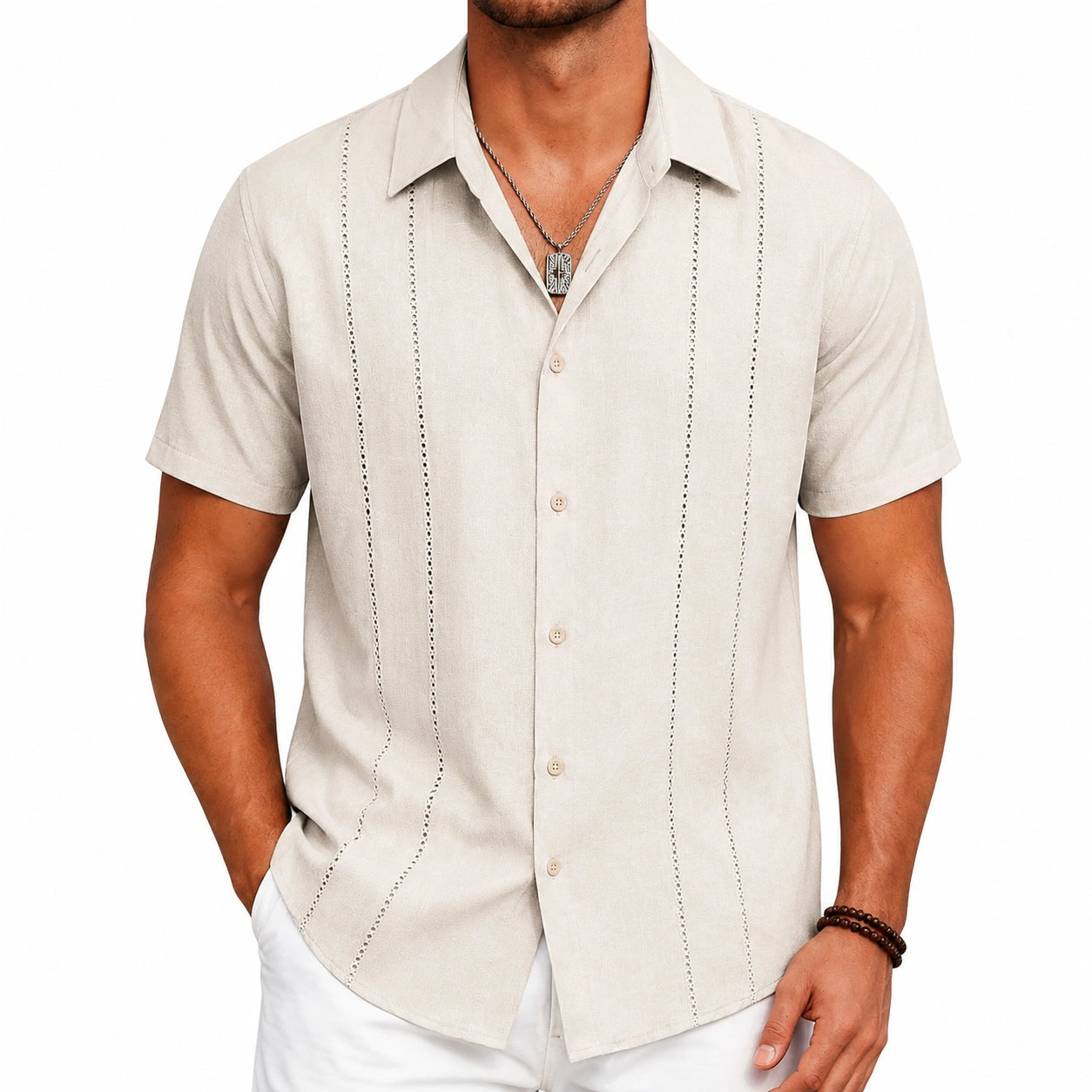 Chemise homme L beige à manches courtes en tissu tissé style décontracté