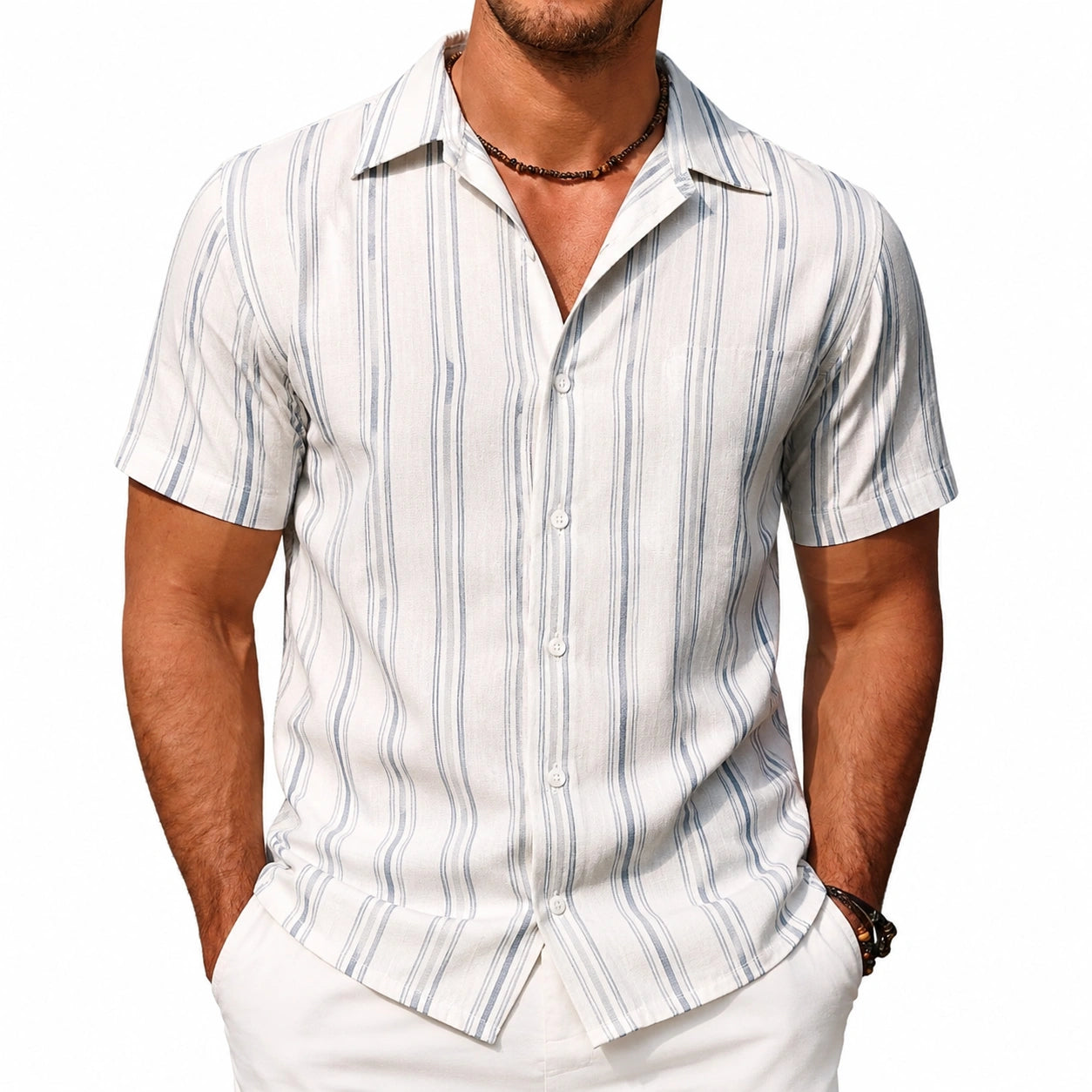Chemise homme M blanche à rayures bleues manches courtes col ouvert