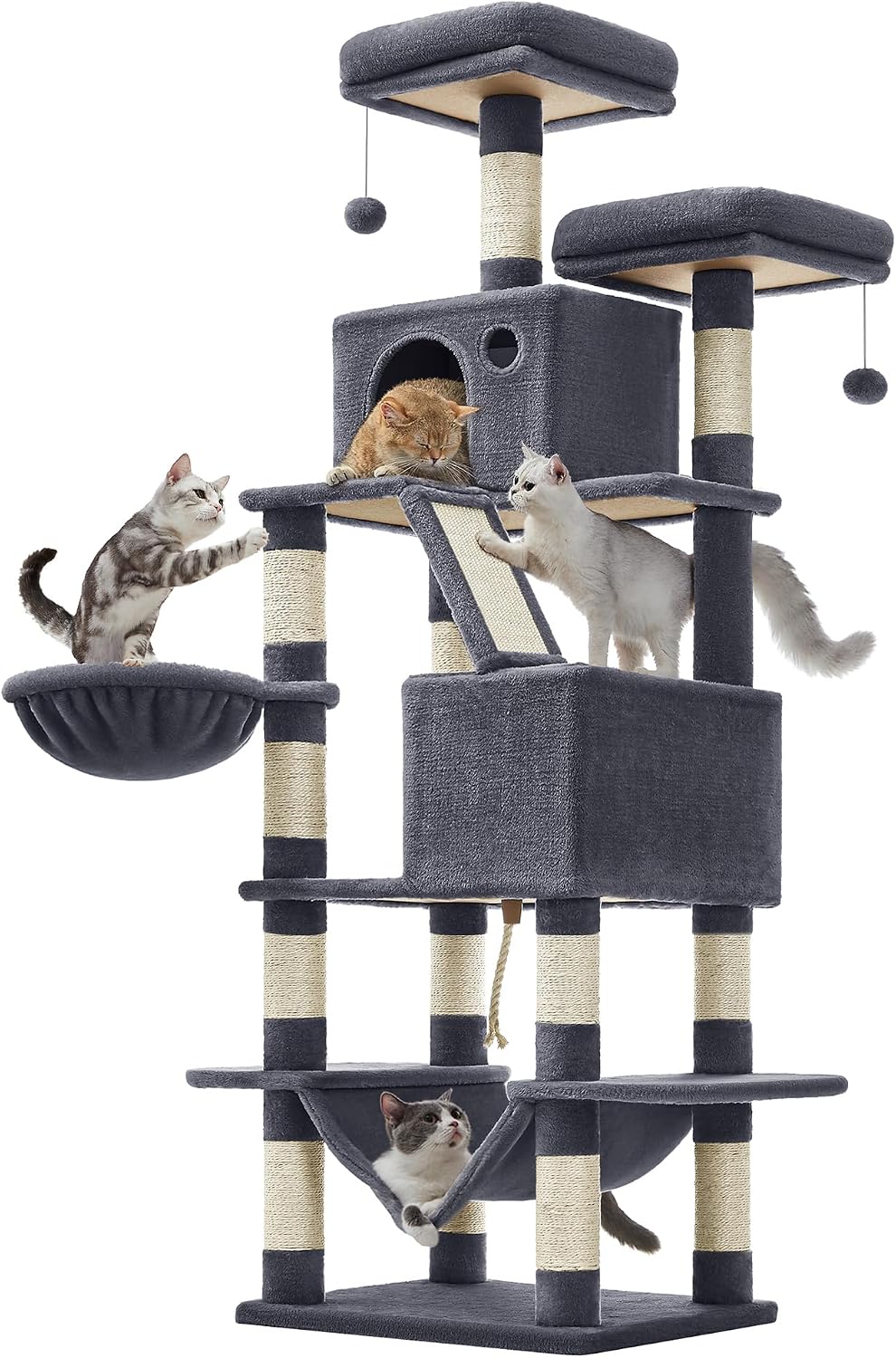 FEANDREA Arbre à chat, 165 cm, 168 cm, 30 cm, 5 niveaux, 1 panier, 2 Plateformes, 2 Grottes, Hamac