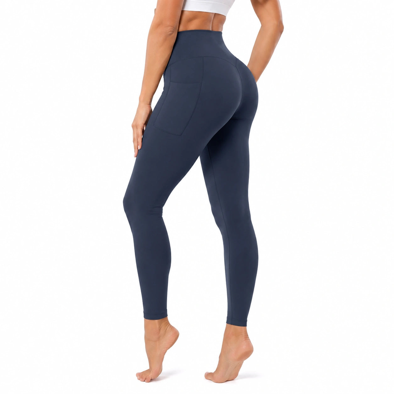 Legging femme M en tissu extensible bleu marine pour sport taille haute avec poche