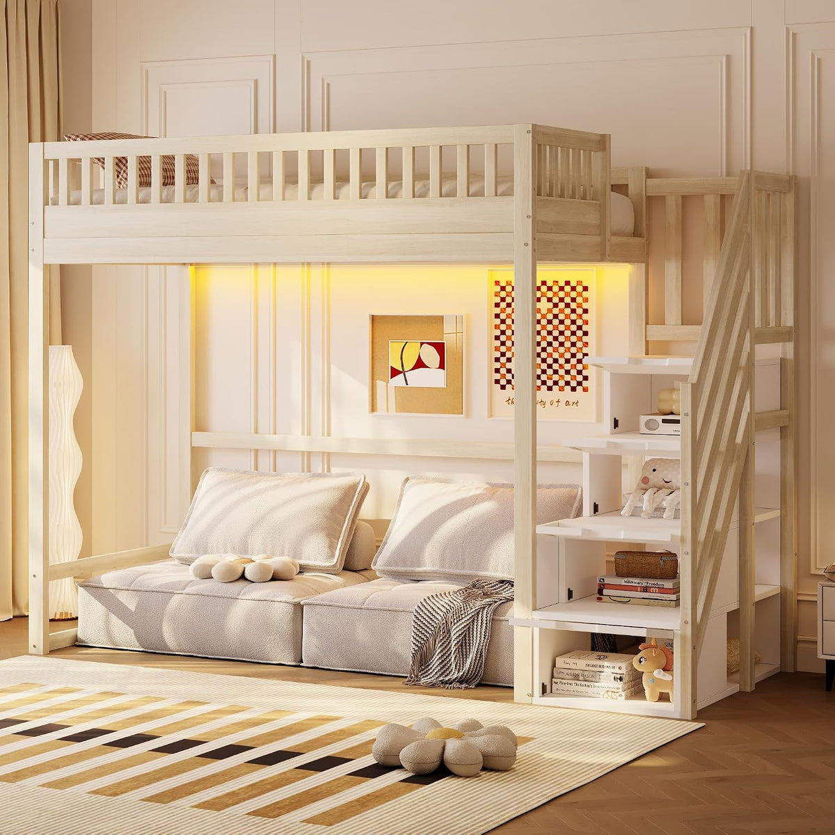 Lit, 90 × 200 cm, cadre en bois massif, éclairage LED, Merax, 253 × 96 × 180 cm, garde-corps de protection, escalier de rangement
