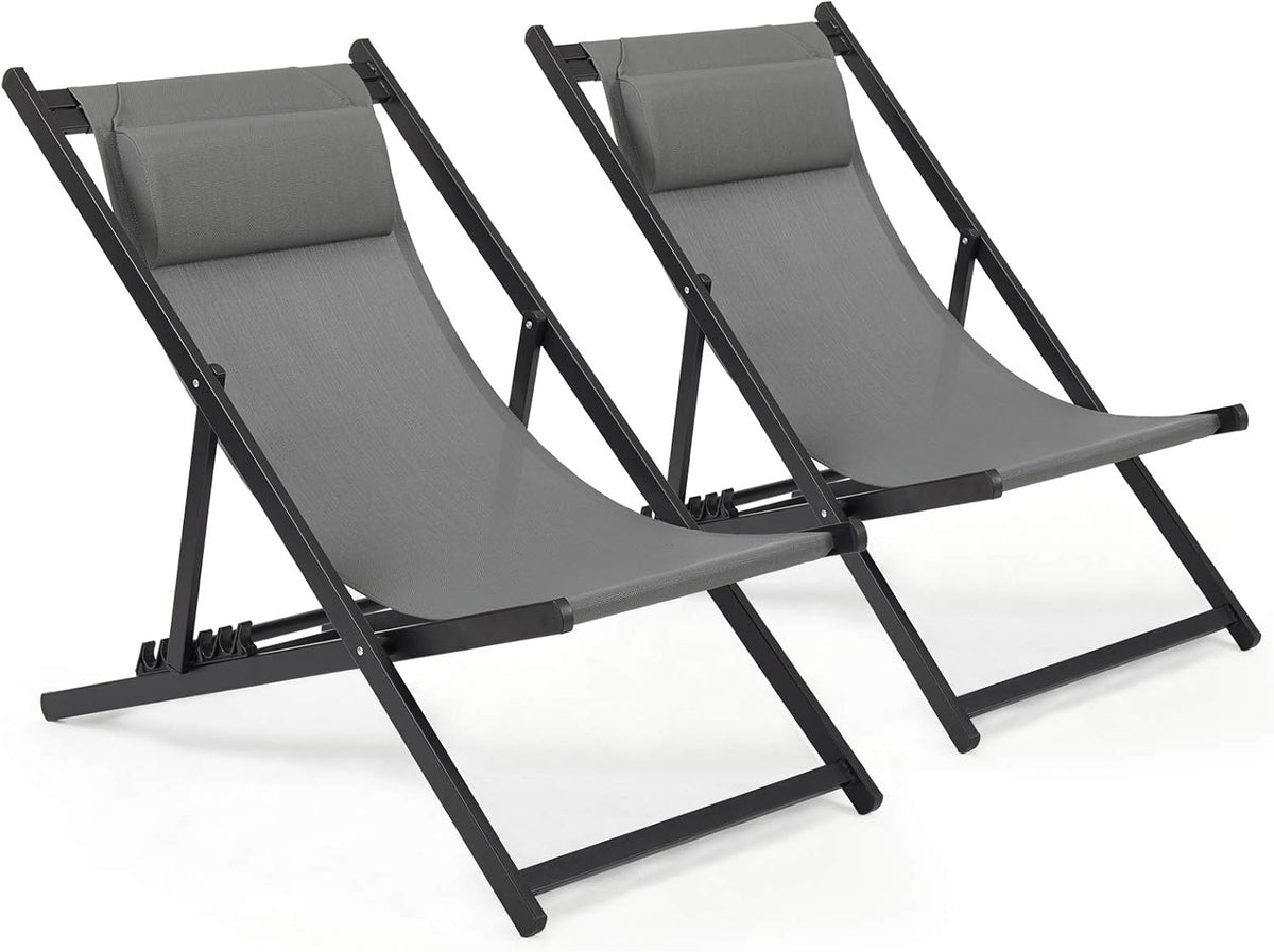 Mondeer Bain de soleil, Lot de 2 chaises Longues Pliantes avec Appui-tête et Dossier réglable pour Jardin, 95 cm, 130 kg, 128 × 58 × 7 cm