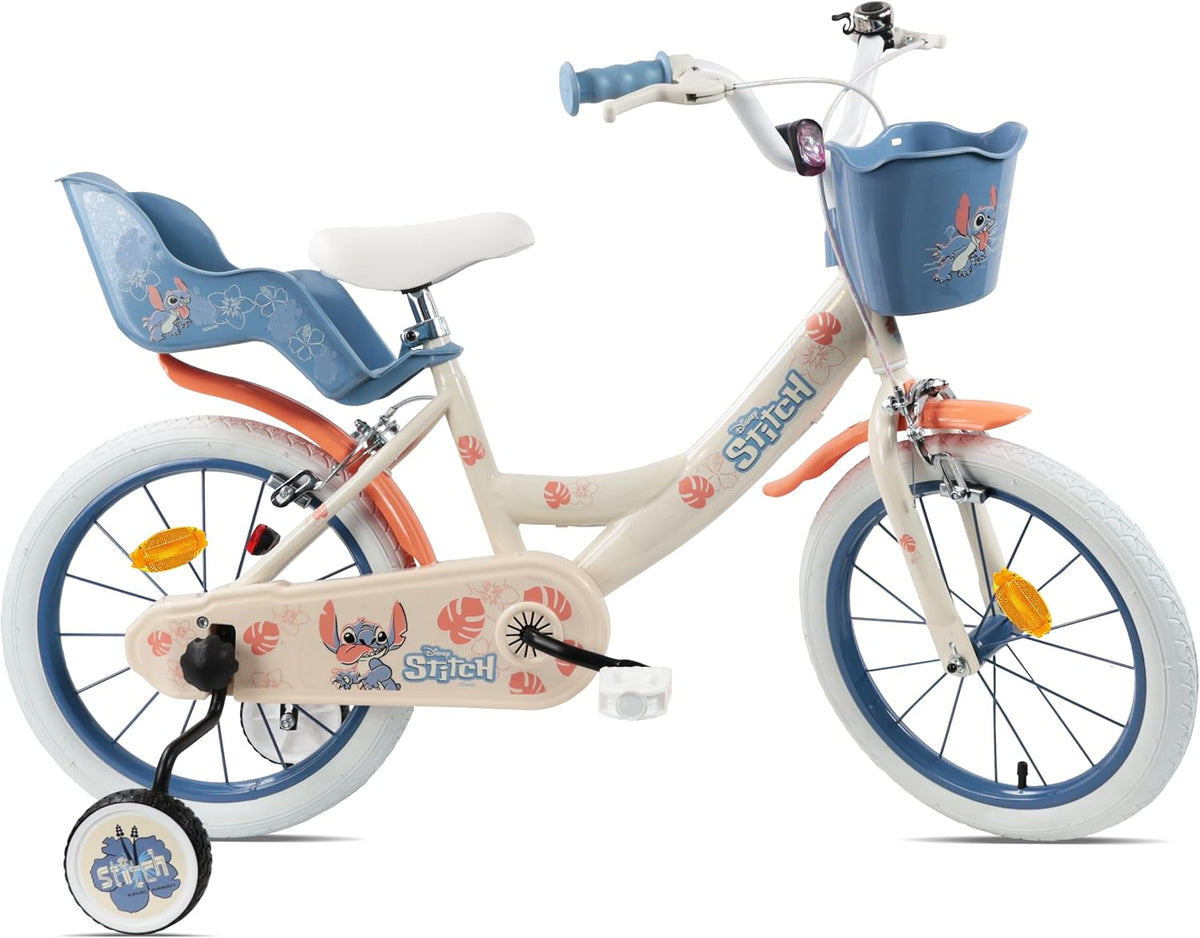 VTT, Vélo Fille16'' Fille Licence Stitch de Disney, Vélo ATLAS, 2 Freins Caliper, 2 Stabilisateurs, Pneus Gonflables, Panier Avant, Garde-Boue