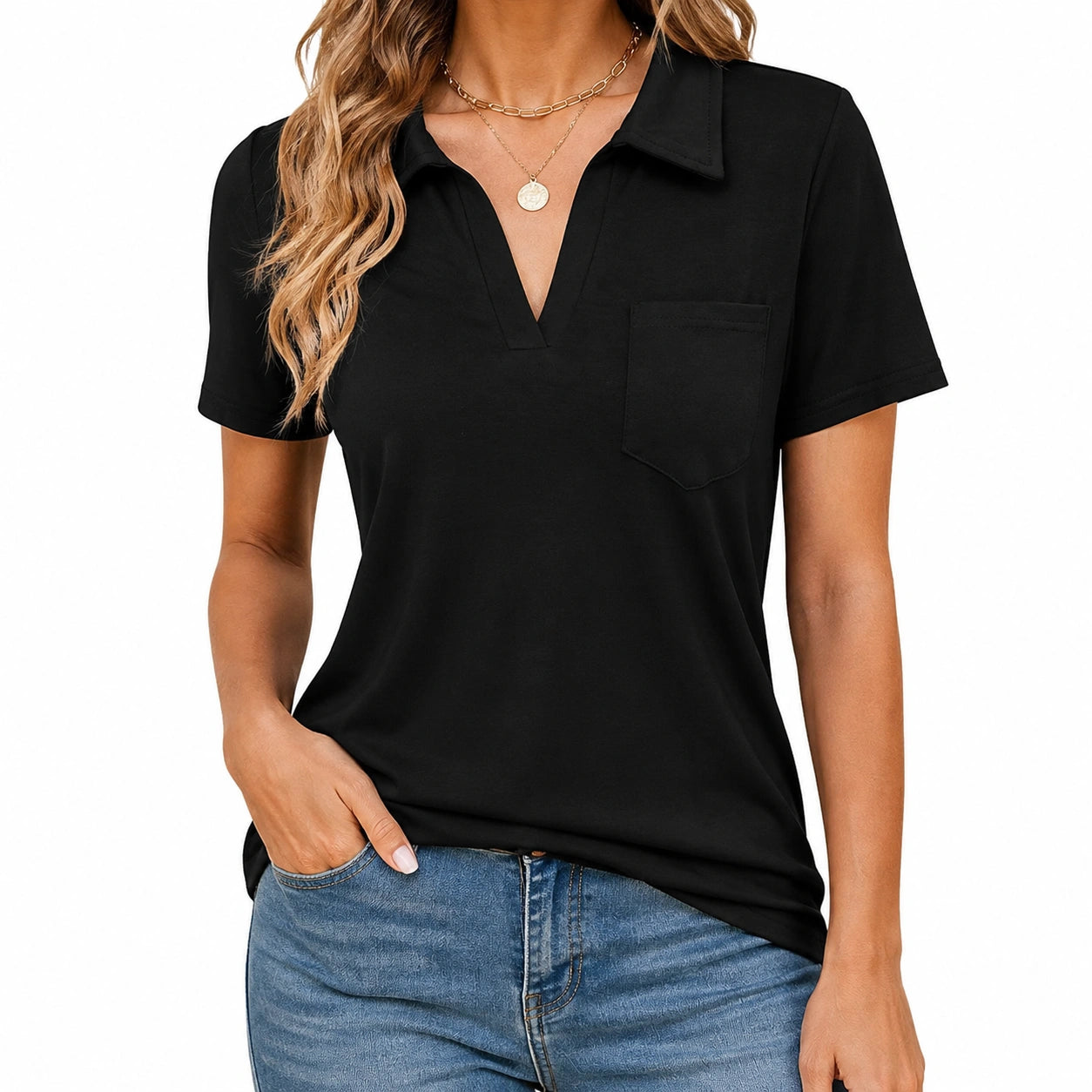Polo femme taille M en tissu noir à manches courtes style décontracté