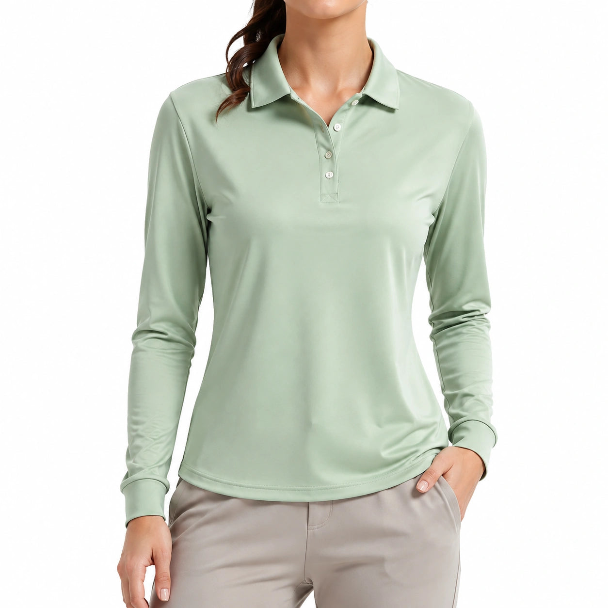 Polo femme M vert sauge en tissu synthétique à manches longues style classique