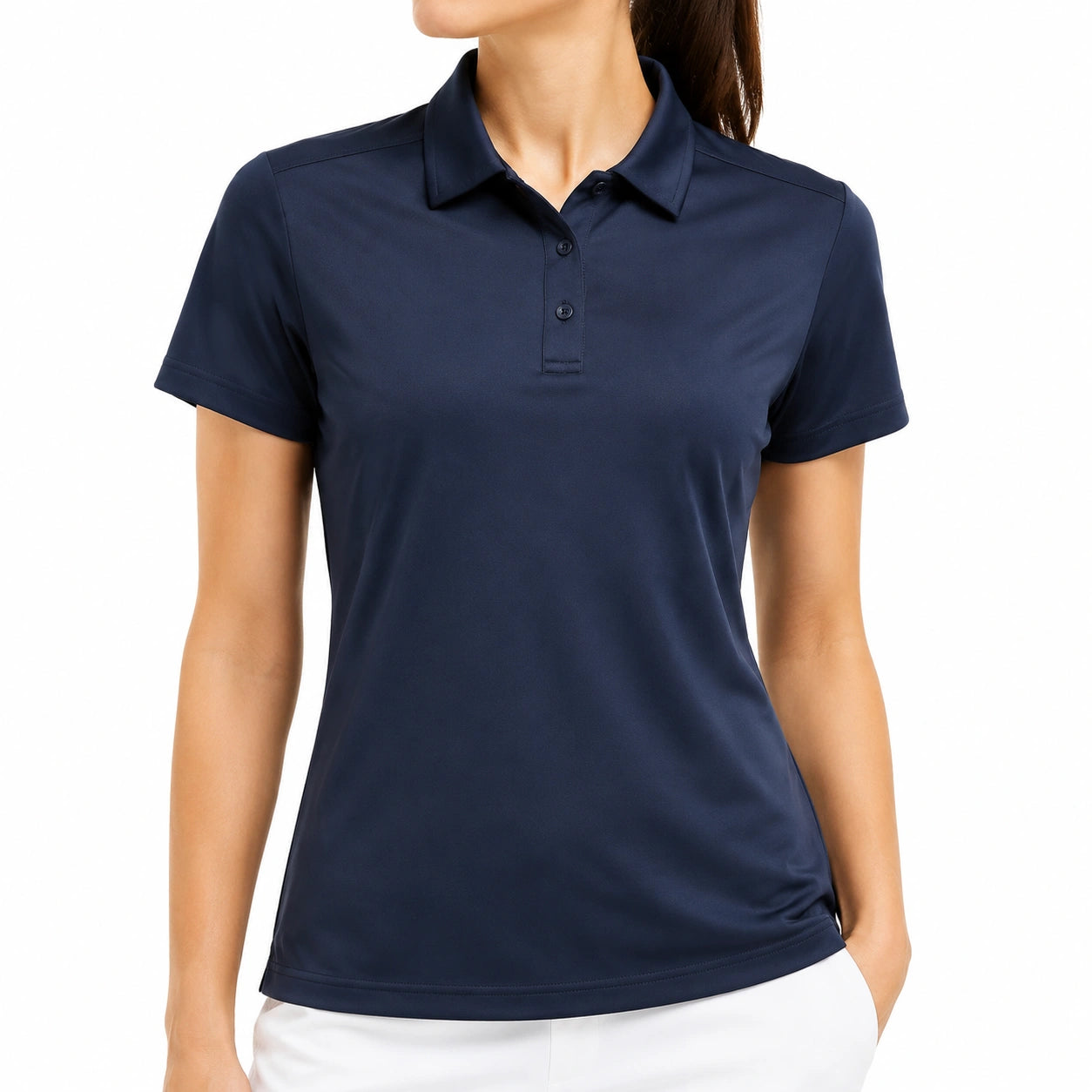 Polo femme S en tissu synthétique bleu marine à manches courtes style sportif