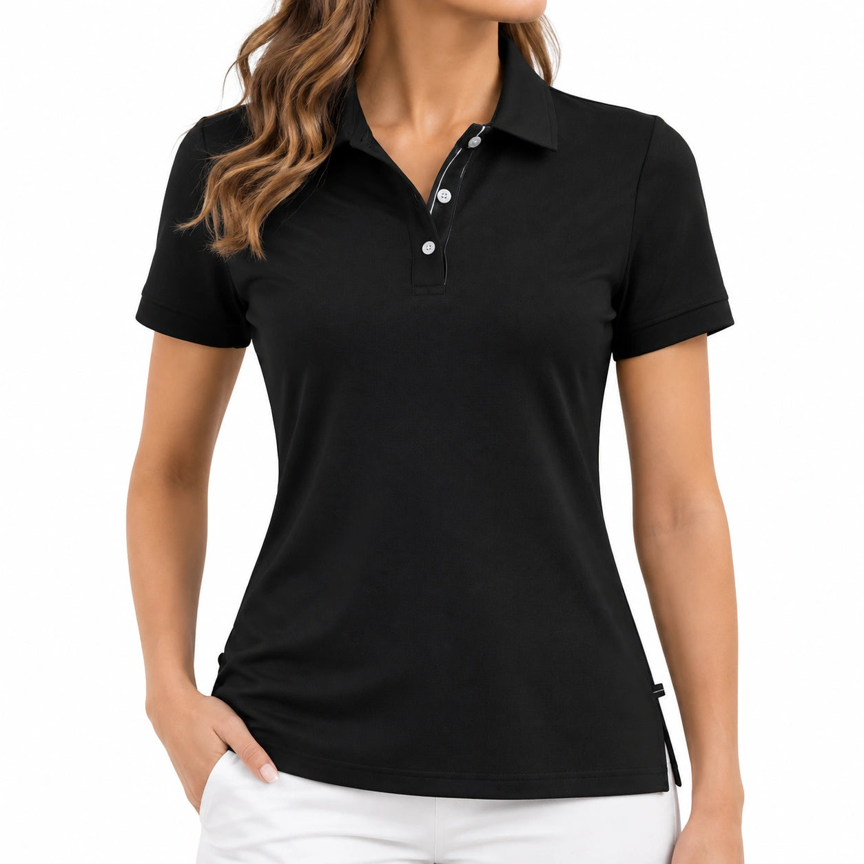 Polo femme L noir en maille synthétique à manches courtes