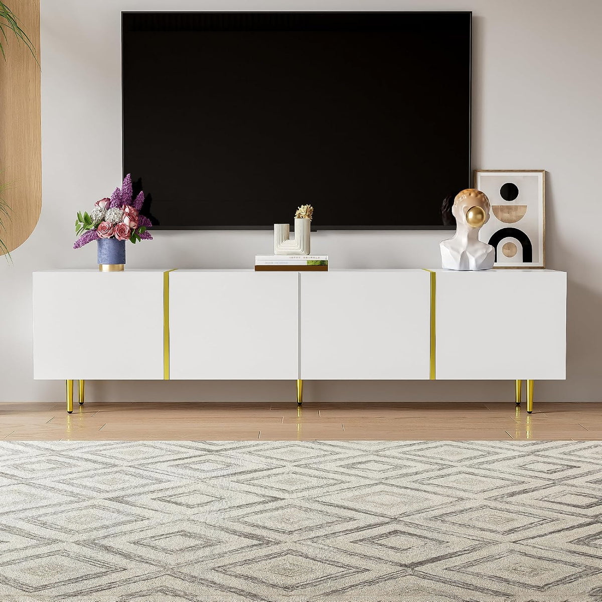 Meuble TV, 170 × 35 × 46 cm, télécommande, ModernLuxe, finition blanche brillante combinée avec des accents dorés élégants, 4 portes