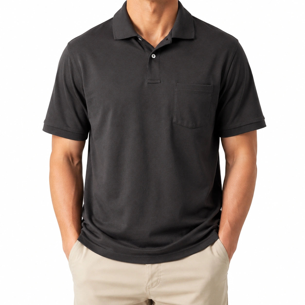 Polo homme L noir en maille textile à poche poitrine style décontracté