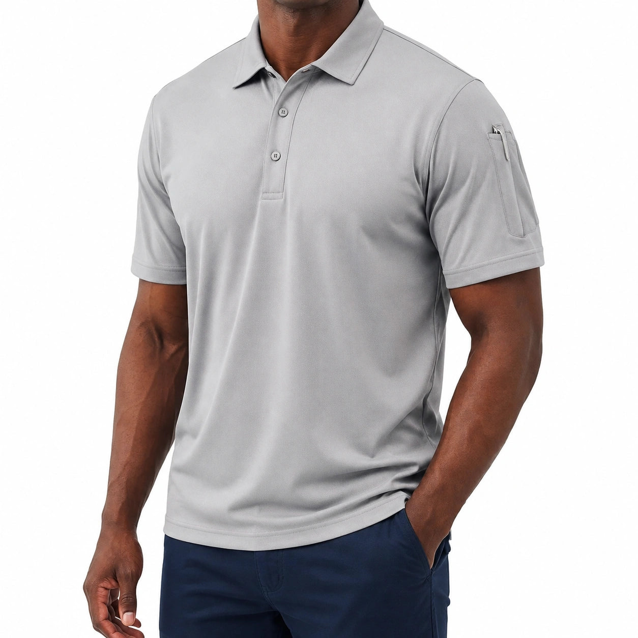 Polo homme taille L en maille synthétique gris à manches courtes avec poche manche