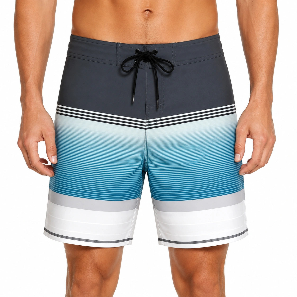 Maillot de bain homme taille L en tissu synthétique bleu marine bleu blanc à rayures pour la natation