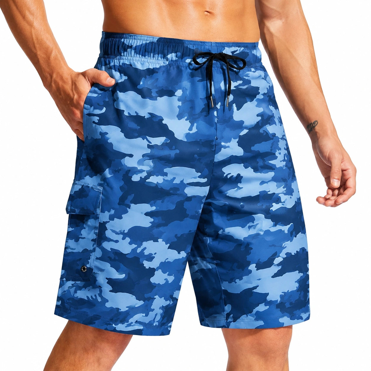 Short de bain homme L bleu camouflage à cordon de serrage avec poches
