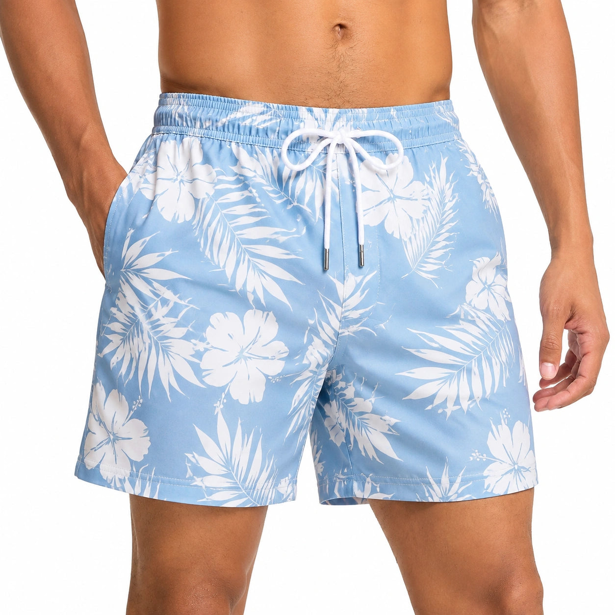 Short de bain homme M bleu clair à motif floral avec taille ajustable