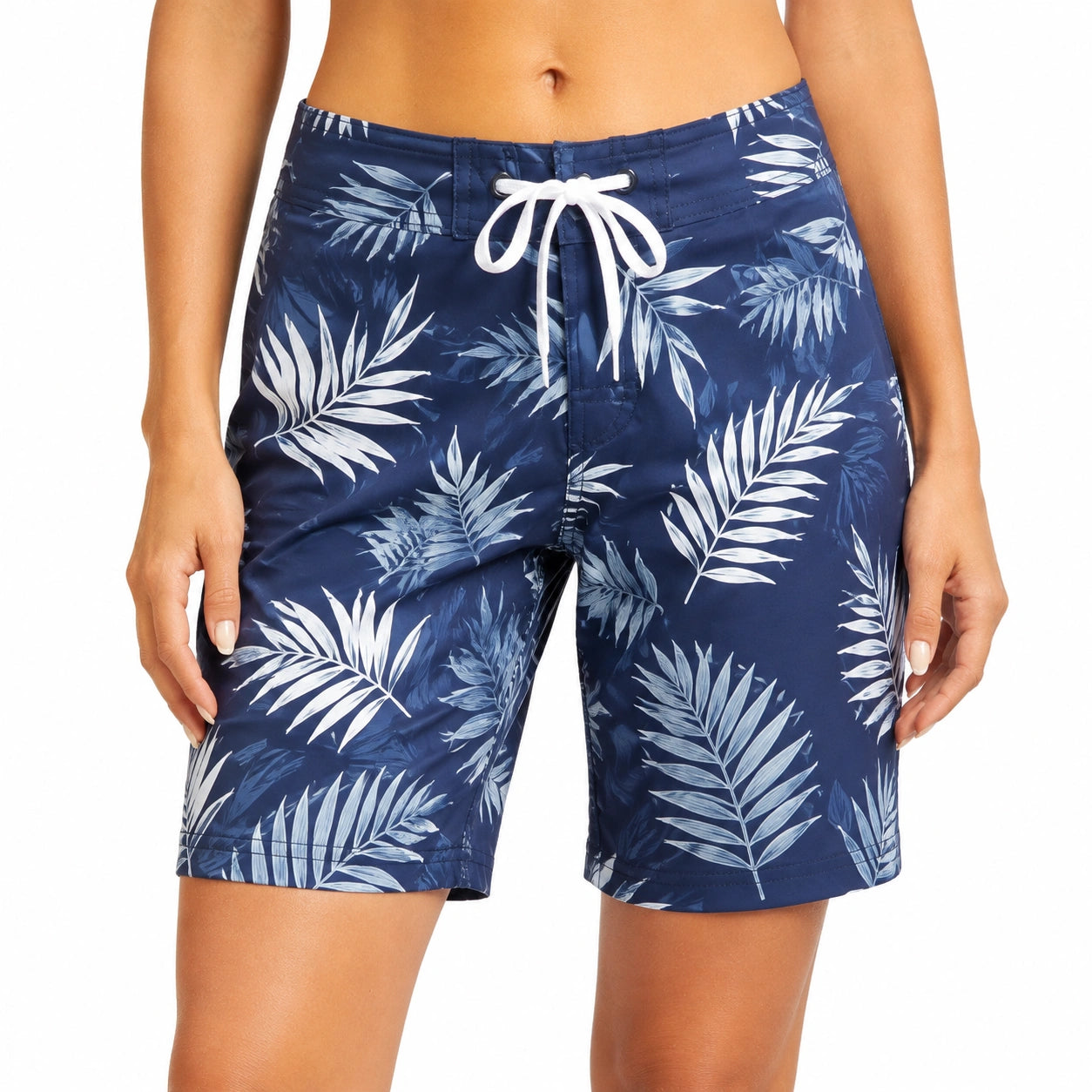 Short de bain femme M bleu marine imprimé feuillage à cordon style tropical