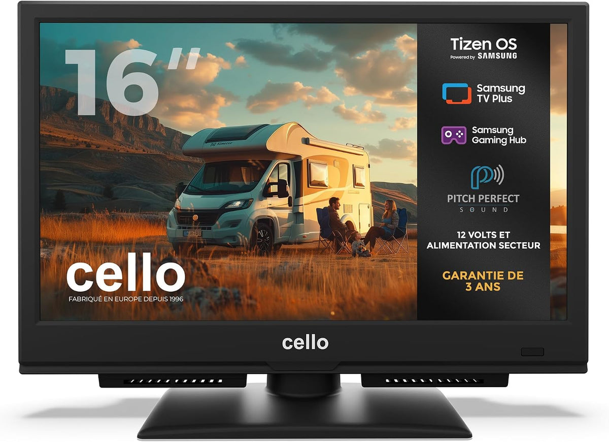 Téléviseur, 16 Pouces, Bluetooth, pour Camping-Car et Bateau, Cello, 12 V, 230 V, CTRAV-16TZ, éclairage LED, Tizen, Tizen OS de Samsung