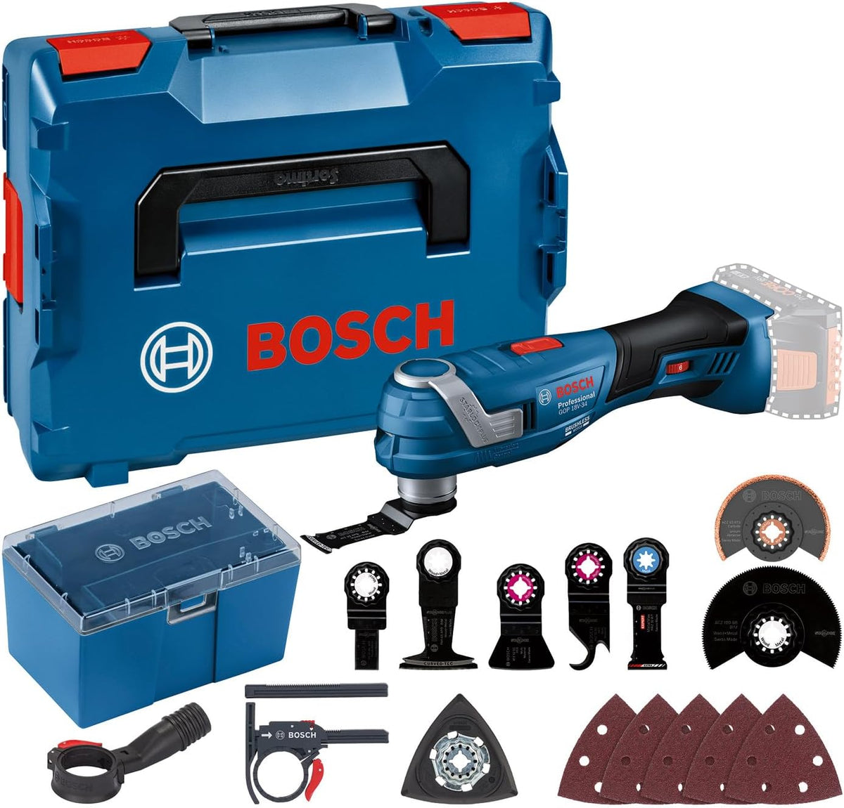 Bosch Professional Ponceuse de détail, 180 mm, avec plusieurs lames, 18V-34, 1 plateau support, 5 feuilles abrasives, 5 accessoires