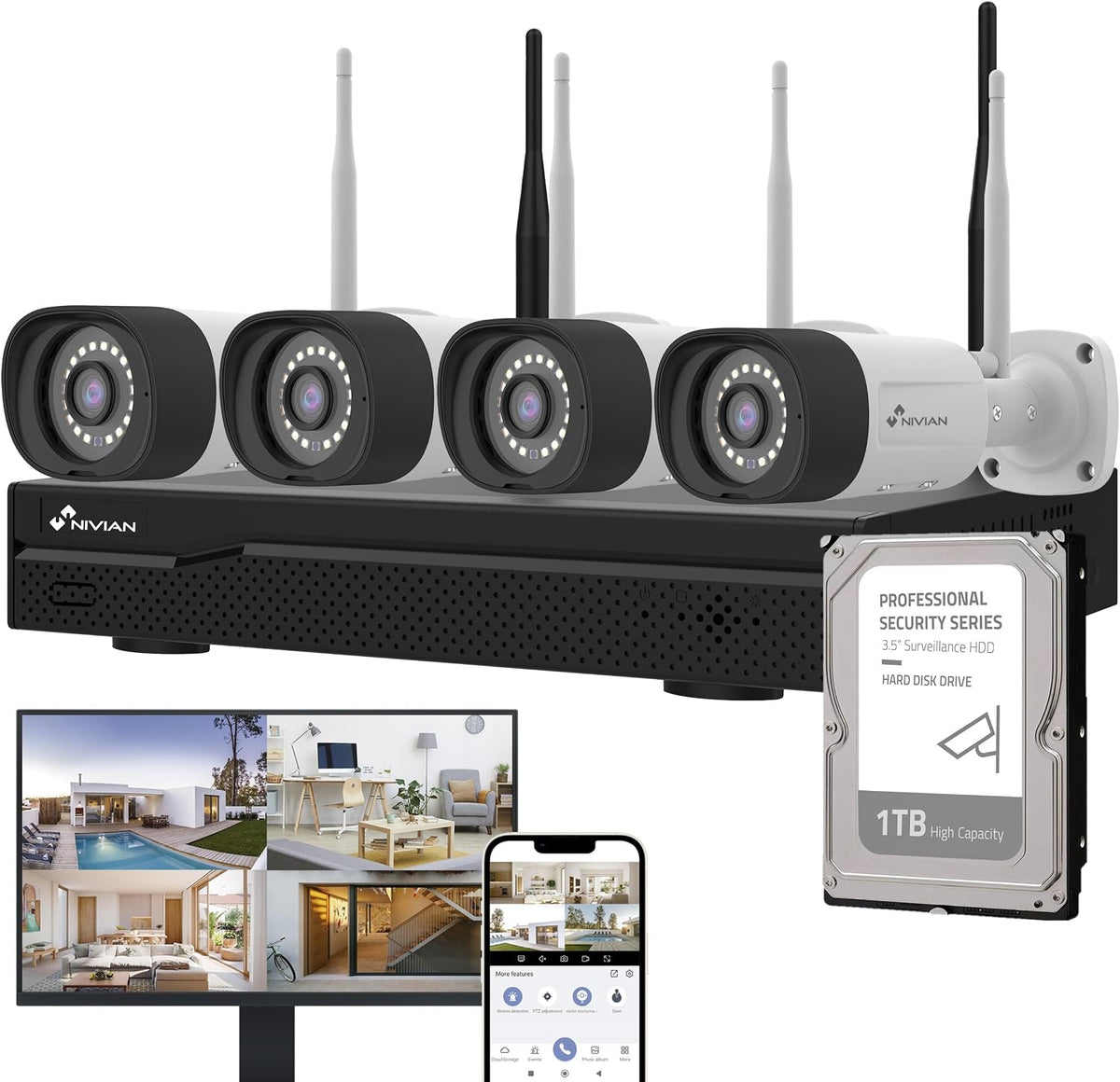Caméra de surveillance, Kit Caméras de Surveillance WiFi 2K Professionnel avec 4 Caméras IP, NIVIAN, NVR 10 Canaux, Wi-Fi, éclairage LED