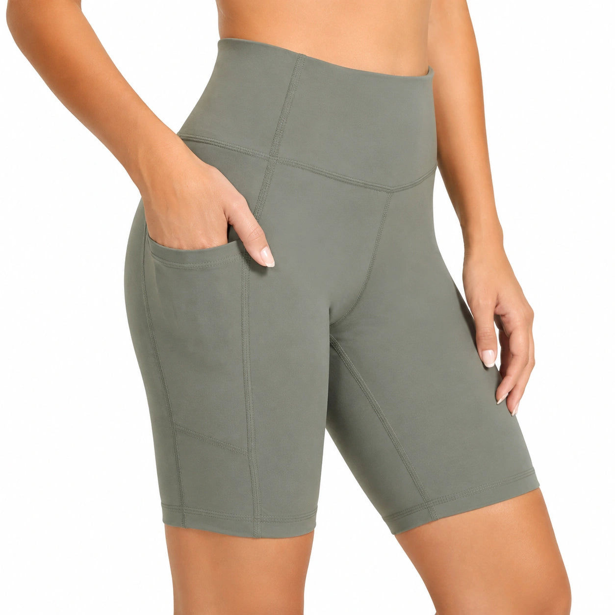 Short cycliste femme M tissu extensible vert kaki taille haute avec poche