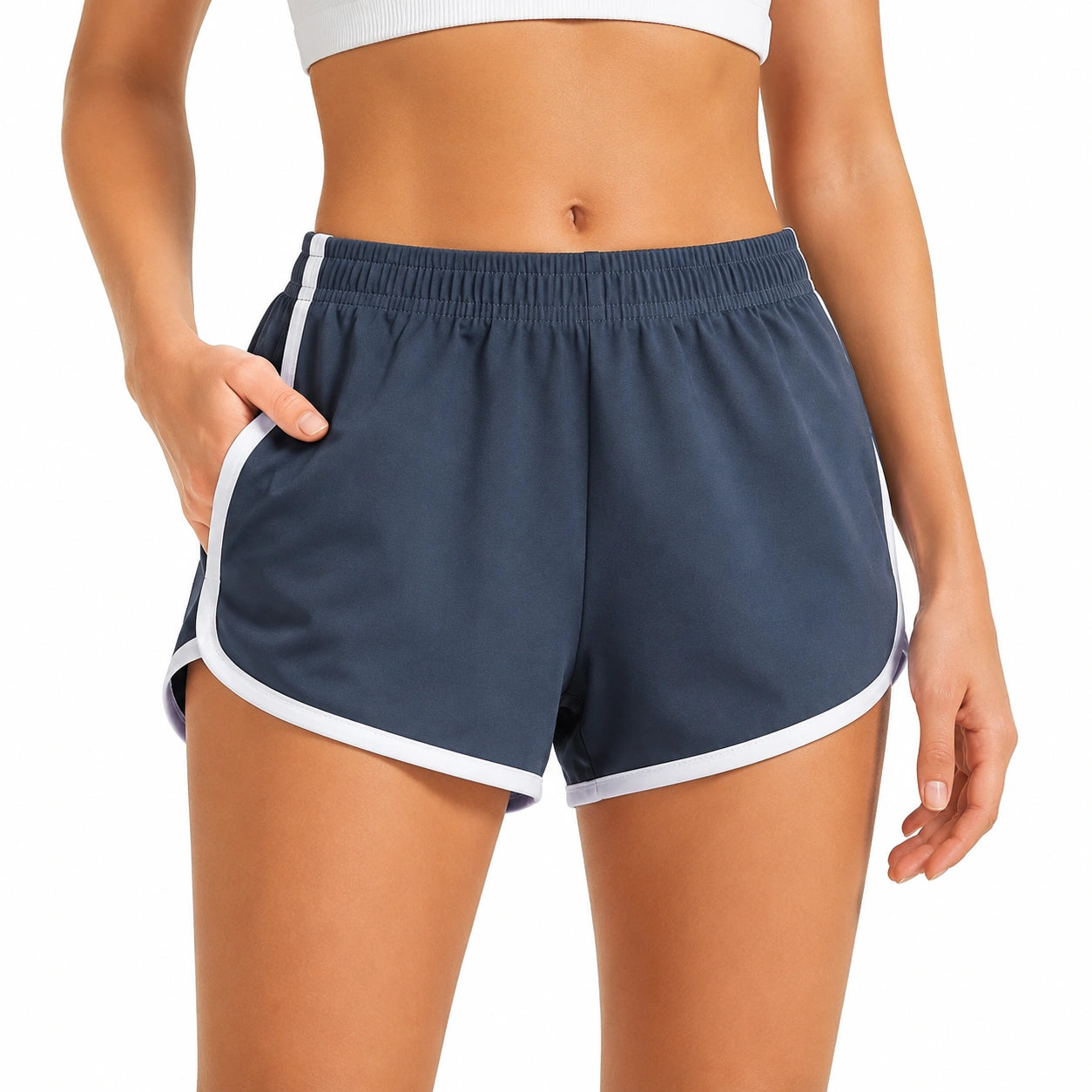 Short de sport femme S en tissu synthétique bleu marine à liserés blancs style running