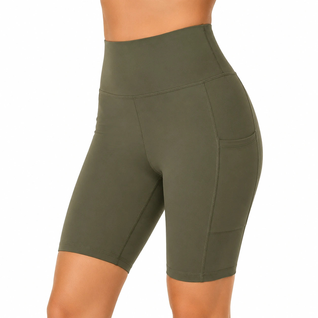 Short cycliste femme taille S vert kaki en tissu extensible taille haute sport