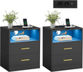 Table de chevet, 2 tiroirs, éclairage LED, VASAGLE, Lot de 2, avec Multiprise, Ports USB