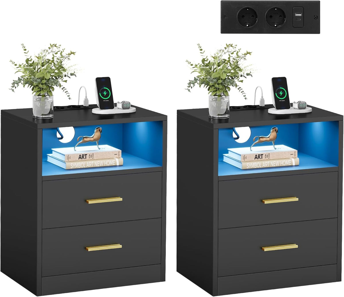 Table de chevet, 2 tiroirs, éclairage LED, VASAGLE, Lot de 2, avec Multiprise, Ports USB
