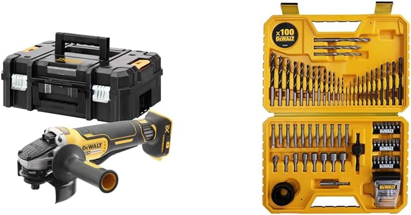DeWalt Meuleuse d'angle, Meuleuse Brushless XR 18V 5Ah Li-Ion, 9000 tr/min, 1000W & Coffret de 100 Pièces de Perçage et Vissage Haute Performance