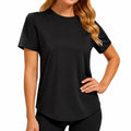 T-shirt femme taille M noir en tissu synthétique à manches courtes coupe droite