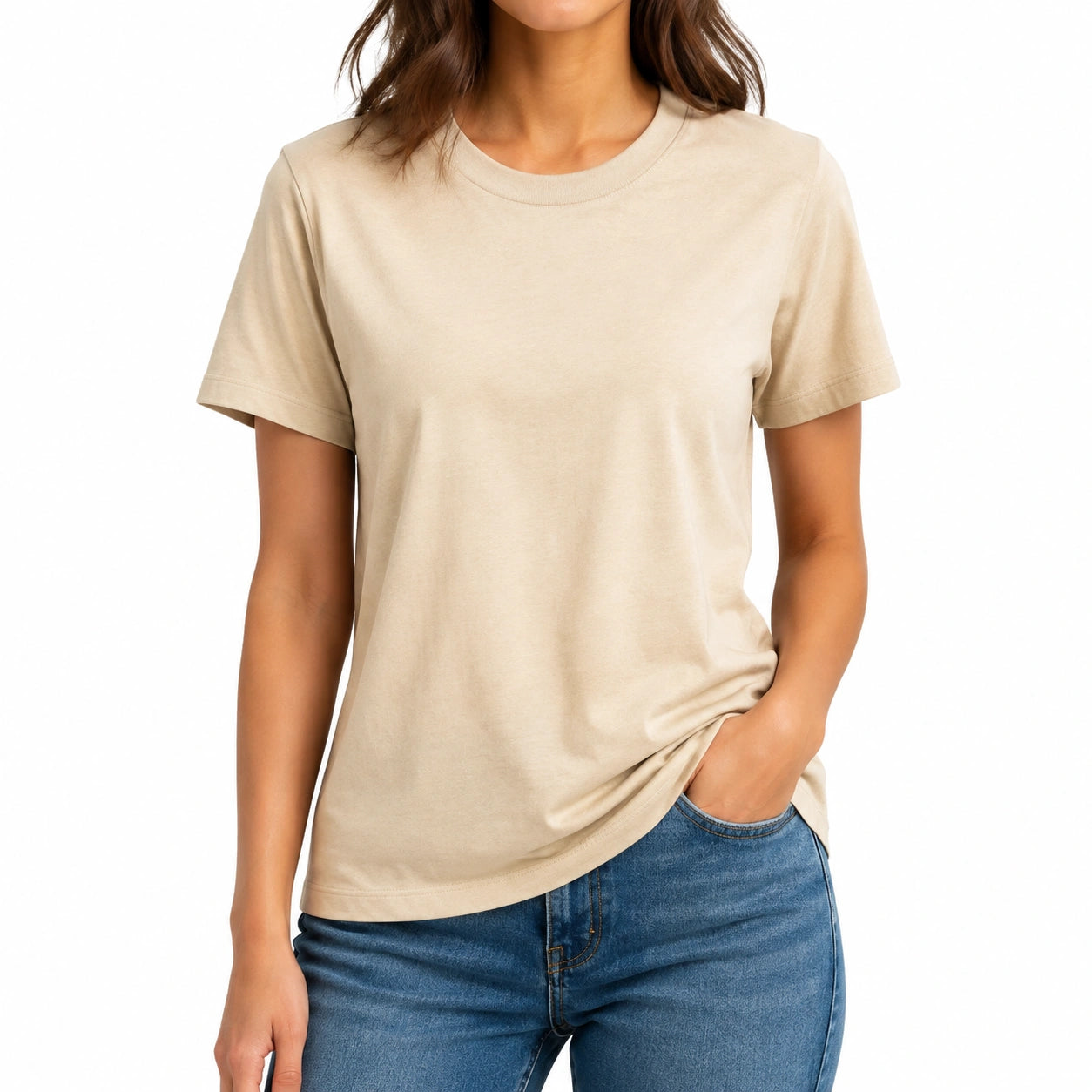 T-shirt femme M beige à manches courtes coupe droite