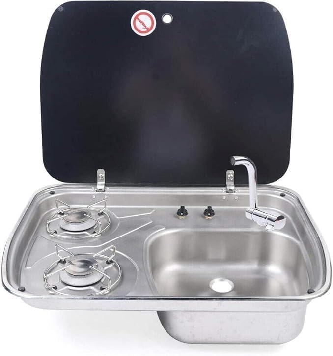 Plaque de cuisson, 600 × 445 × 145 mm, acier inoxydable, pliable, camping-car, 436 × 587 mm, 0, 8 mm, 4 mm, 2 brûleurs, réglable