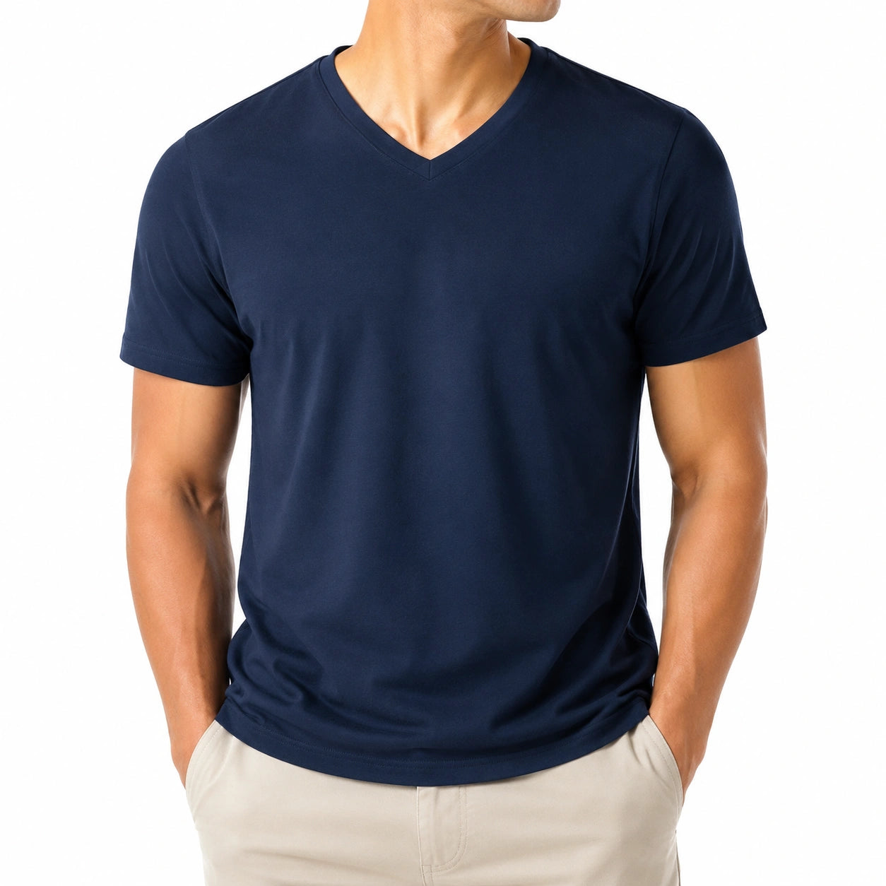 T-shirt homme taille L bleu marine manches courtes col V style décontracté