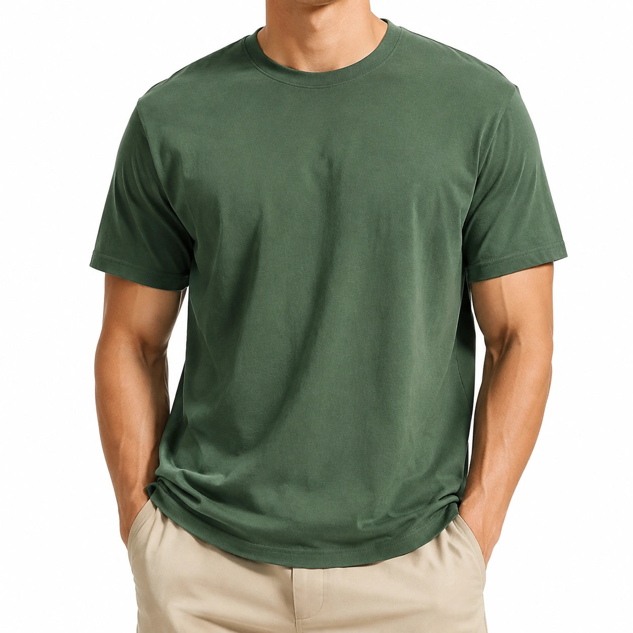 T-shirt homme L en coton vert à col rond manches courtes décontracté