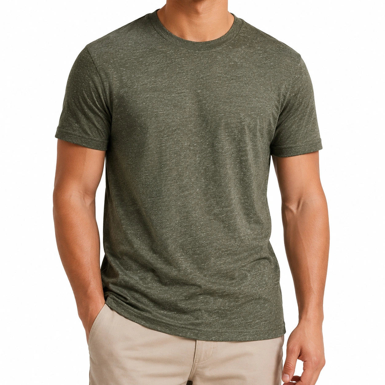 T-shirt homme taille M en tissu kaki chiné à col rond manches courtes style décontracté