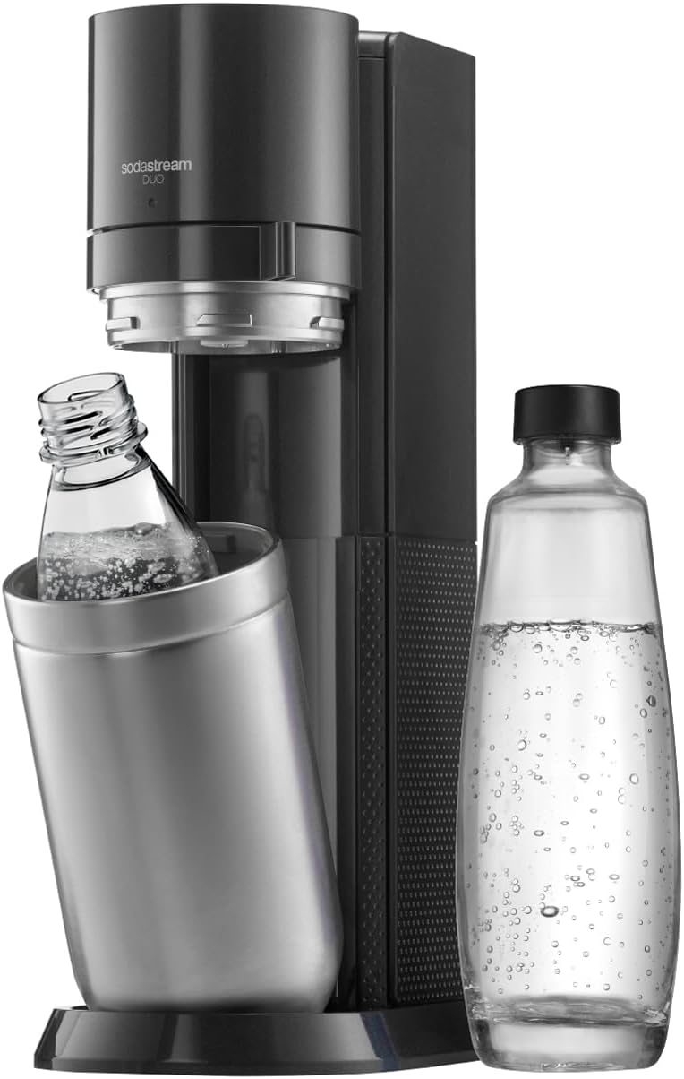 Machine à eau pétillante et sodas sodastream, 1 Bouteille + 1 Verre, 60L, DUO Machine à Soda, Noire