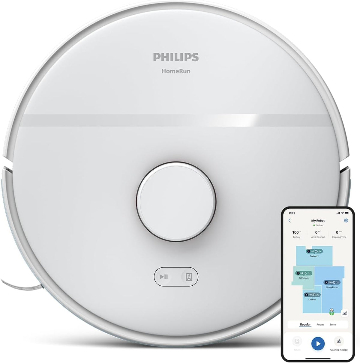 Robot aspirateur PHILIPS XU2000, Wi-Fi, 2700 Pa, 130 Min Autonomie, XU2000/20, avec Station, Blanc, Aspiration et Lavage Simultanés
