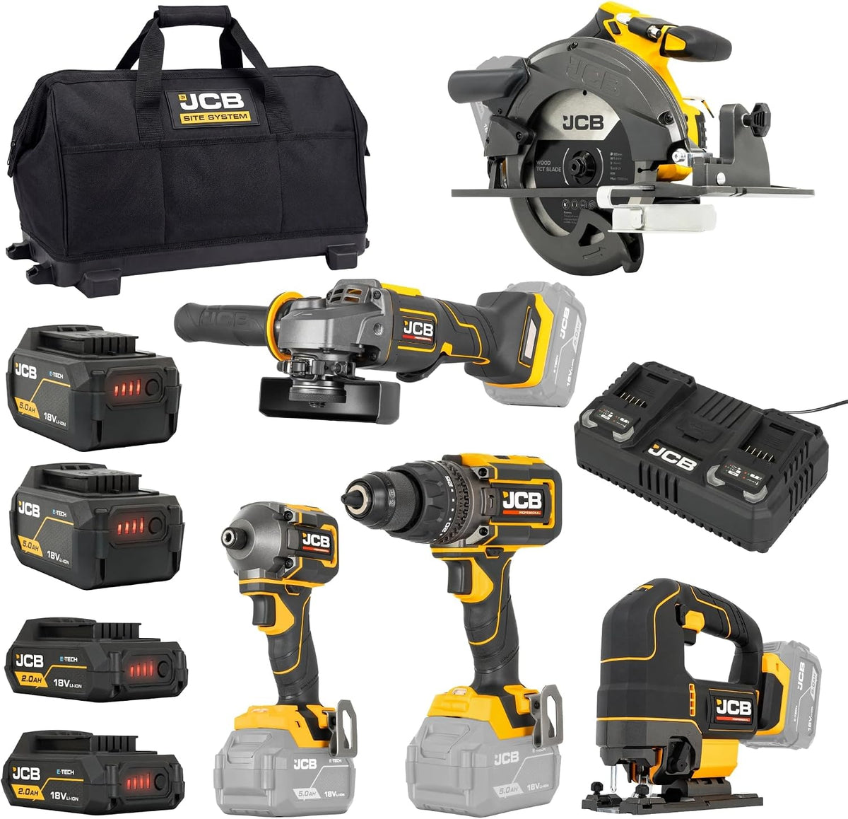 Meuleuse d'angle JCB JCB-18PKIT-8 JCB-18PKIT-8, -18PKIT-8 -18PKIT-8 Kit d'outils sans fil professionnel 5 en 1 pour chantier, 18 V, 185 mm, 125 mm