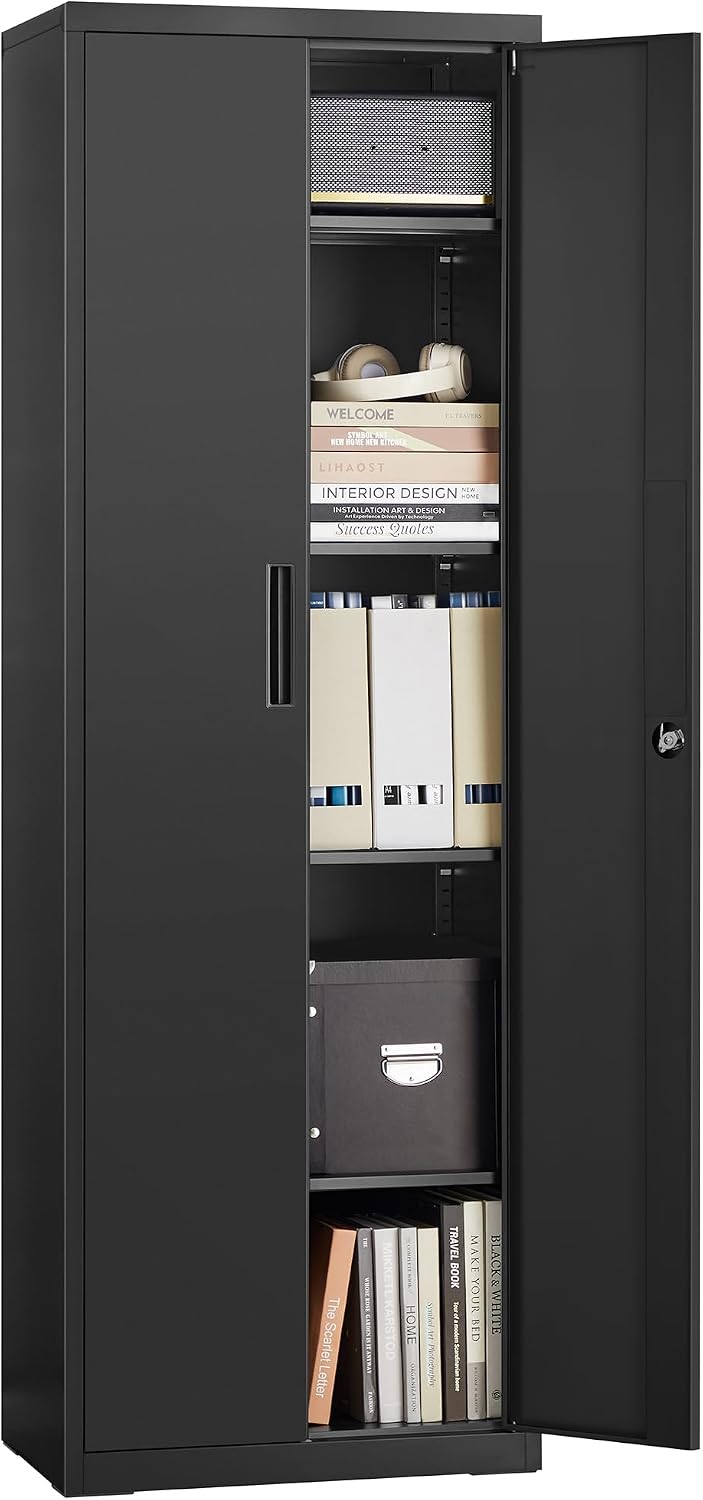Armoire SONGMICS, en Acier, 5 Niveaux, réglable, Meuble de Rangement Bureau, 40 × 60 × 180 cm, 4 étagères, Serrure