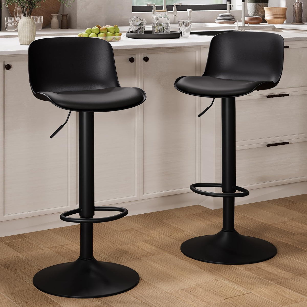 Tabouret, Chaises de Bar en PU Cuir rembourré, pour Cuisine, réglable, Kidol & Shellder, Noir, Style Moderne Industriel