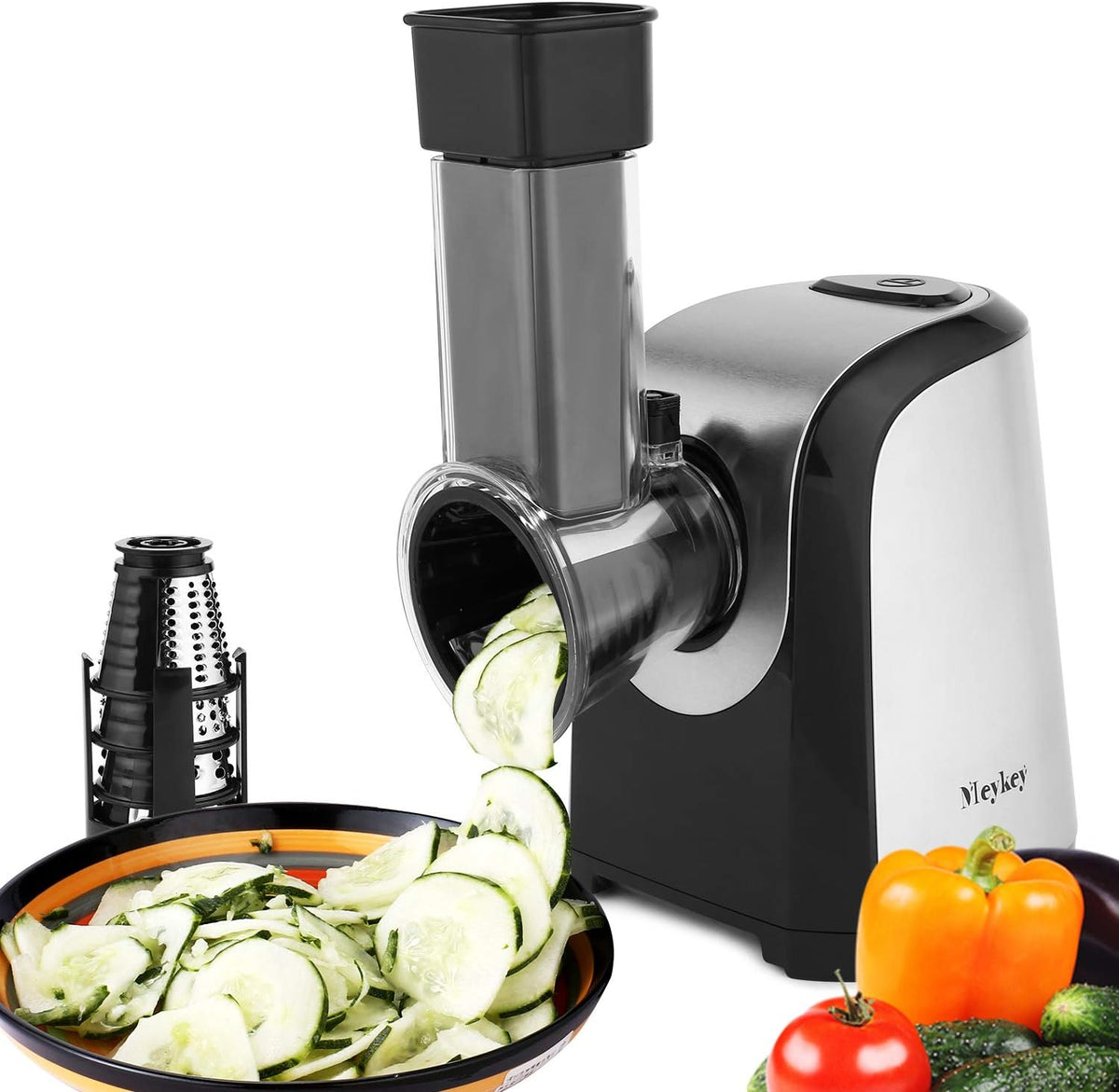 Râpe, coupe-légumes électrique avec 5 accessoires en acier inoxydable cylindres, pour légumes pommes de terre oignon, COOCHEER, 150 W