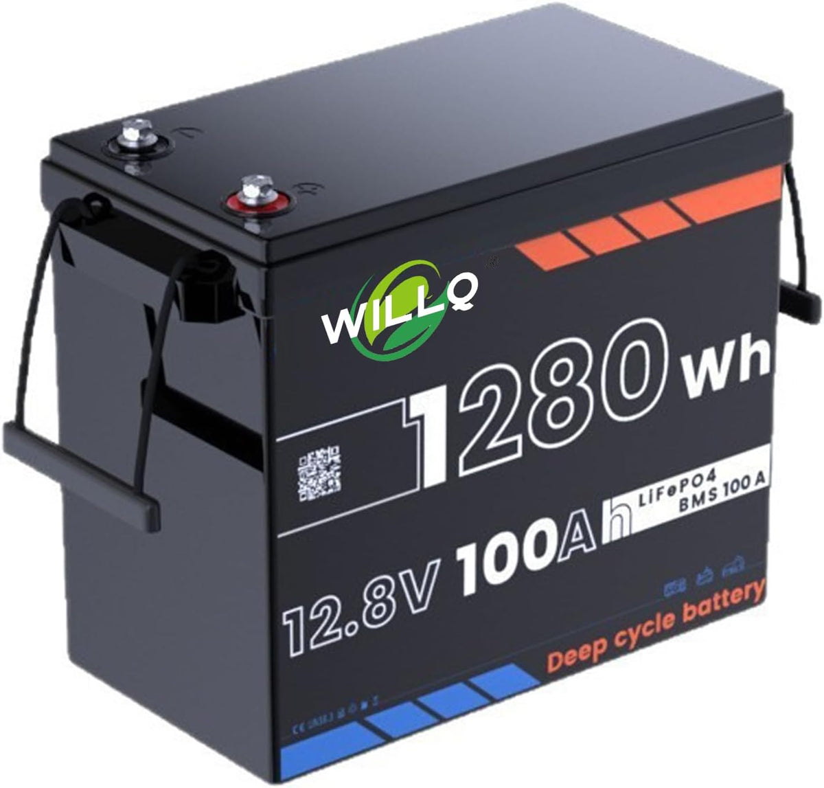 WILLQ Batterie à décharge profonde, Batterie Lithium LiFePO4 12V 100Ah 6000 Cycles BMS 100A Puissance maximale 1280W, 229 × 143 × 208 mm, 12 V