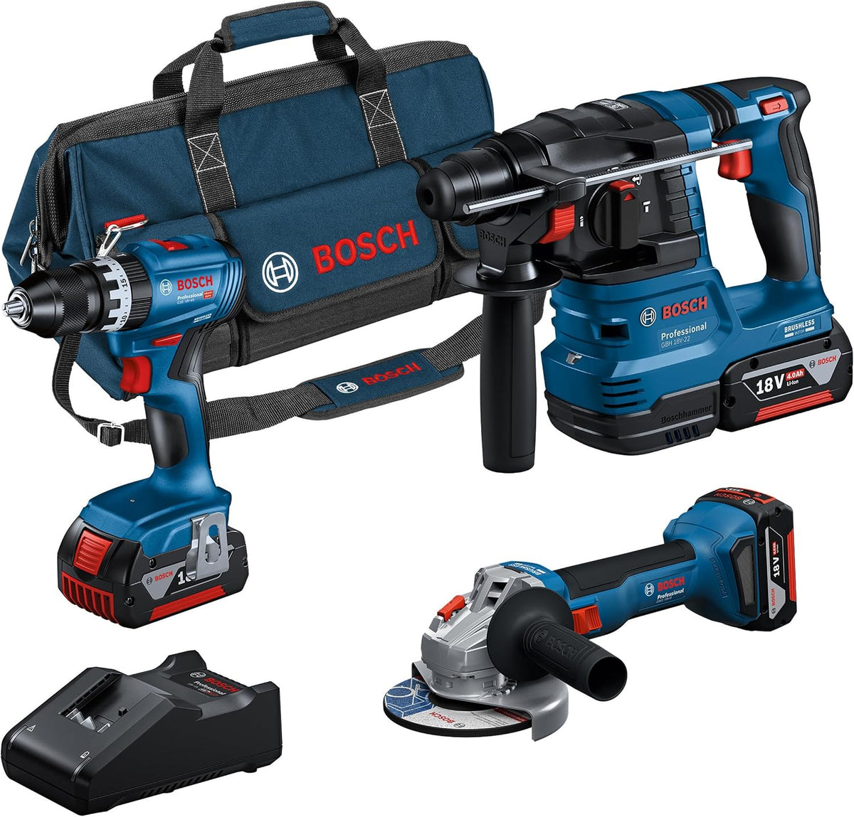 Perceuse Bosch Professional 18V-45 18V-22, 18V System combo-kit sans-fil: GSB 18V-45 + GBH 18V-22 + GWS 18V-8, 1 900 tr/min, 13 mm, 4.0Ah