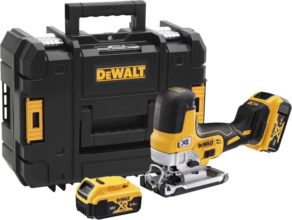 DEWALT Scie, 5 Ah, éclairage LED, DCS335P2-QW 3200cps, 18V, 2 Batteries et Chargeur, Courses à Vide 3200cps/min, réglable