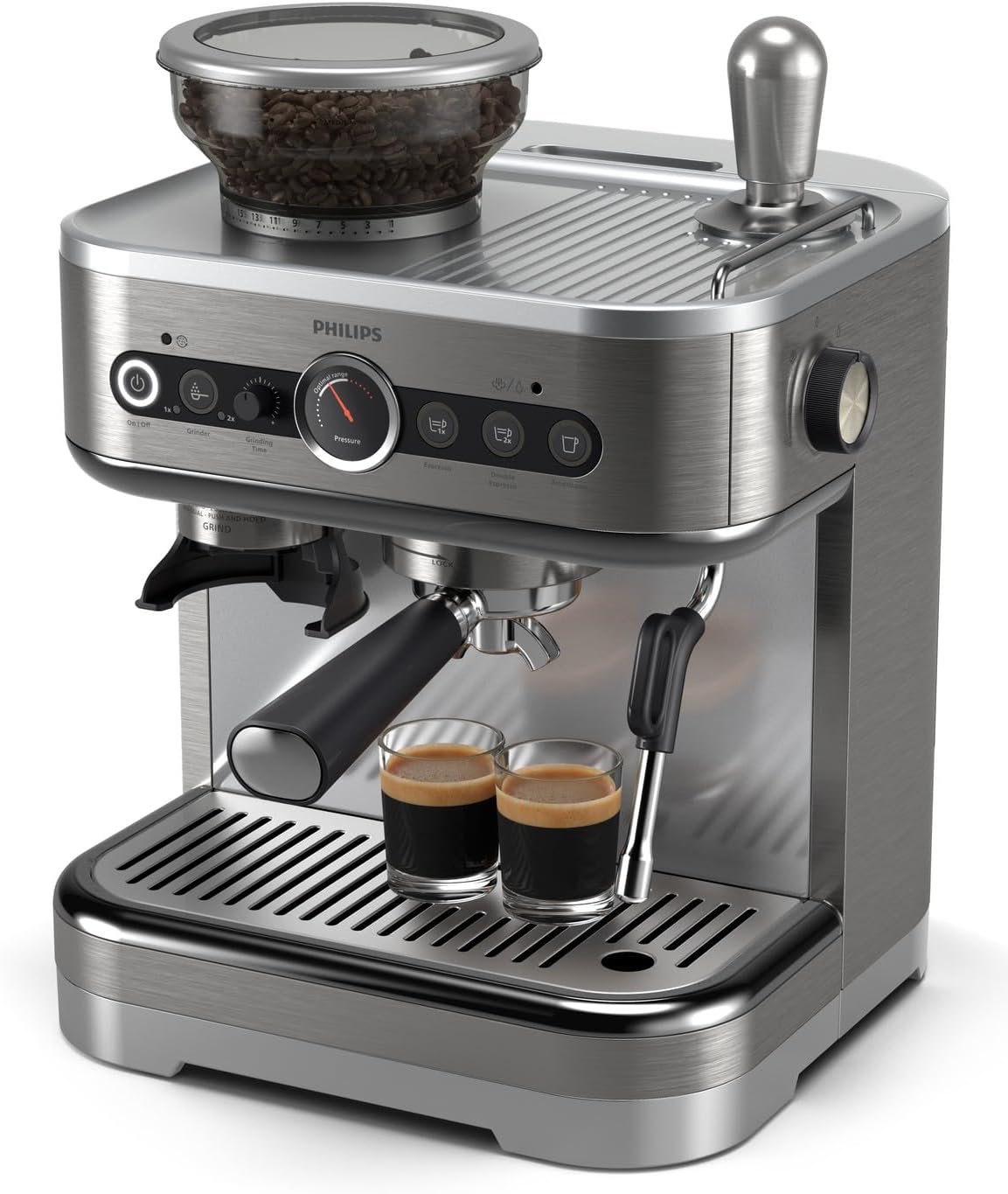 PHILIPS 250g Machine à café, 58 mm, acier inoxydable, 450 ml, 15 niveaux, bac à grains 250g, Machine à expresso semi-automatique Barista Brew