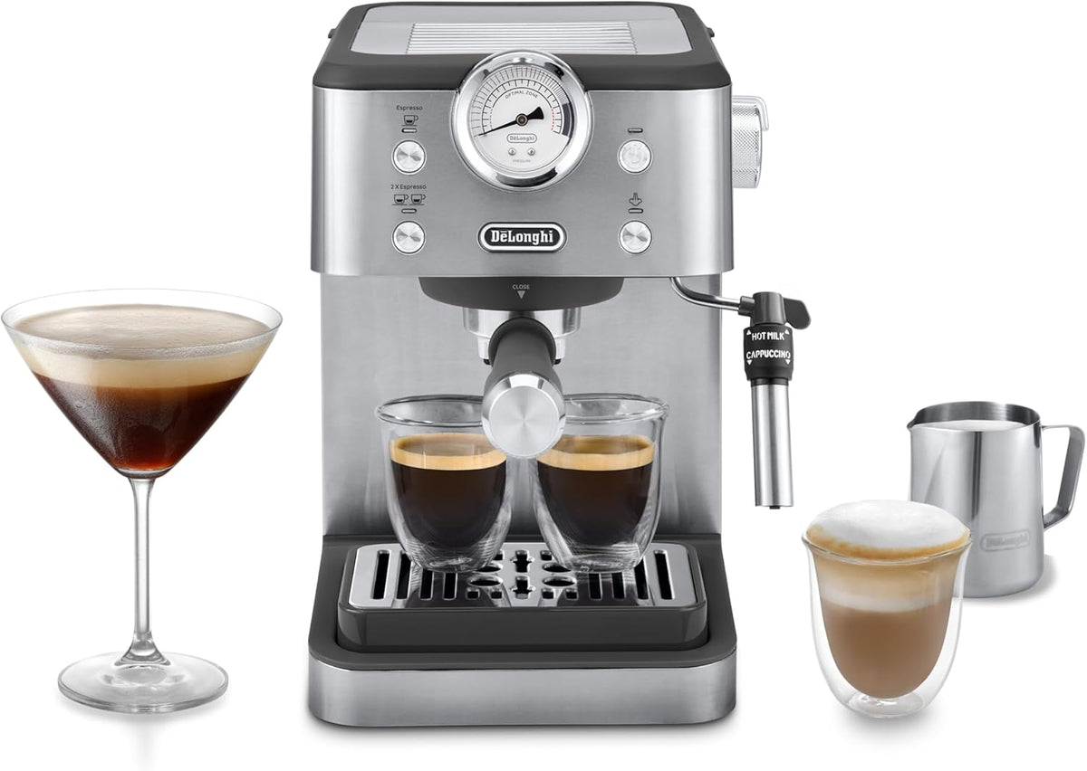 De'Longhi EM450 Machine à café, 13 cm, buse pour cappuccino, réglable, acier inoxydable, 100 mm, 130 mm, tasse jusqu'à 13 cm, 15 bar