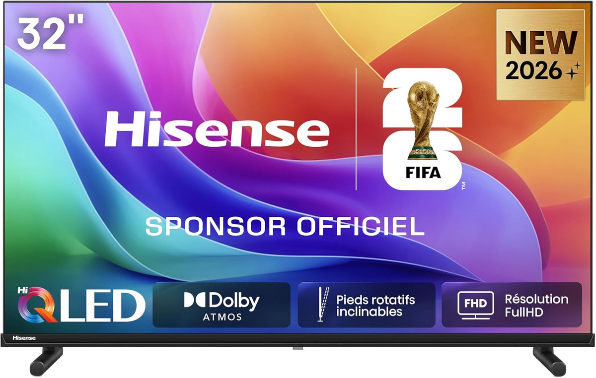 Hisense 32A5S Téléviseur, 80 cm, TV 2026 LED 32', 200 × 200 mm, 32 pouces, Wi-Fi, Bluetooth, éclairage LED, Port USB-C, WiFi, Noir