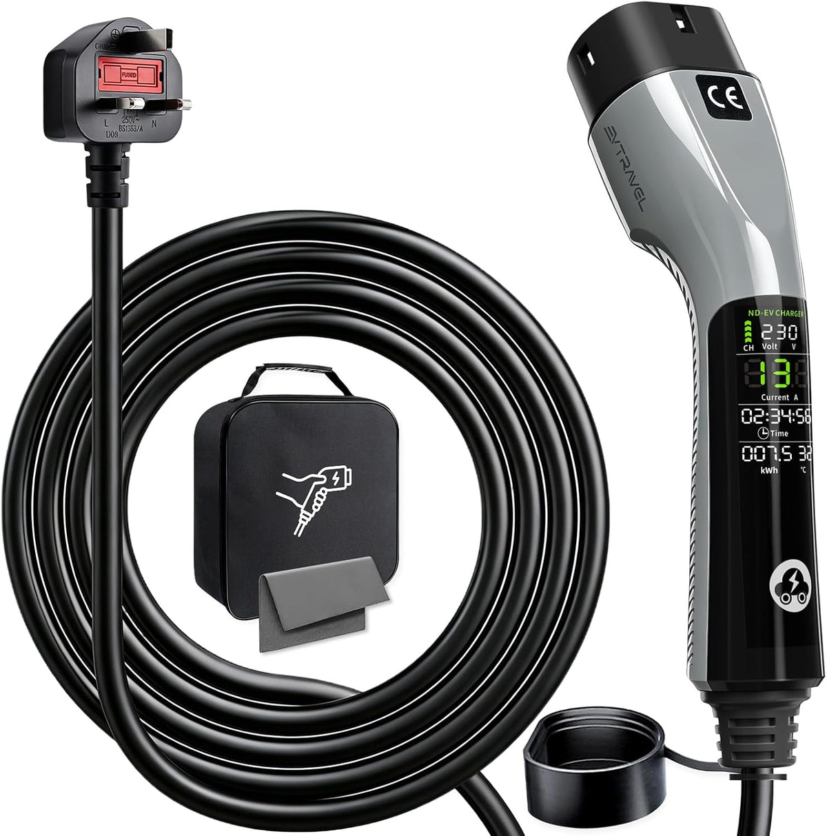 Station de charge, Chargeur de voiture EV type 2 vers prise 3 broches UK 10 m 3 kW 6-13 A, éclairage LED, EVTRAVEL, réglable, minuterie, portable