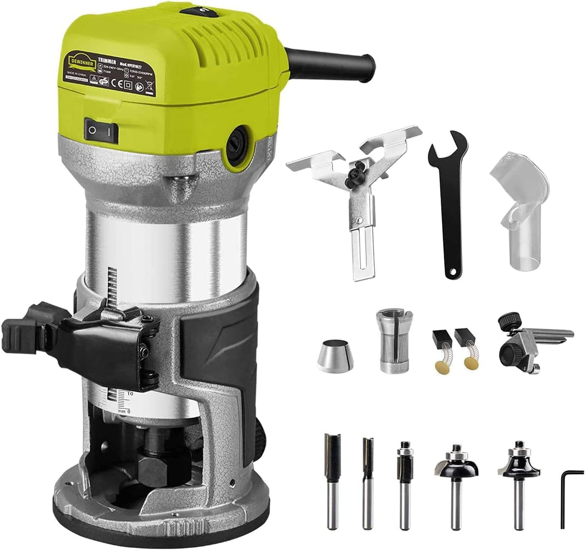 DEWINNER Défonceuse, 6 Vitesses, réglable, 6 mm, 8 mm, 6 Vitesses Variables, 13000-33000RPM, 710W, 6mm, 8mm, 240V, 50hz